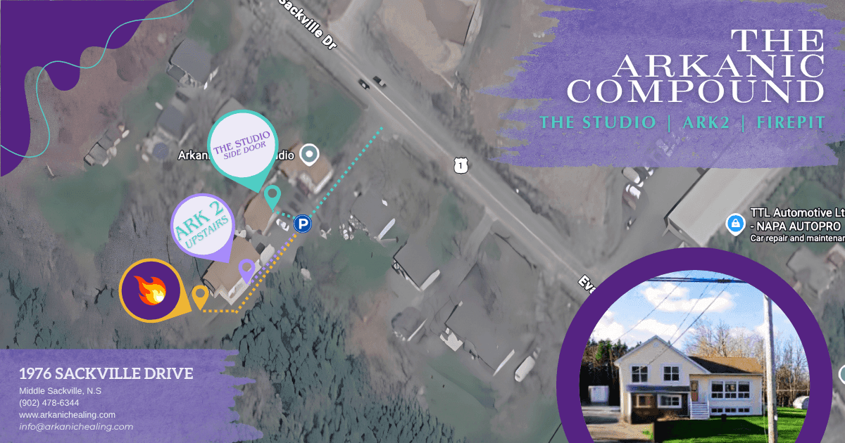 The Arkanic compound: the studio, Ark 2 and the firepit, with parking marked, at 1976 Sackville Drive