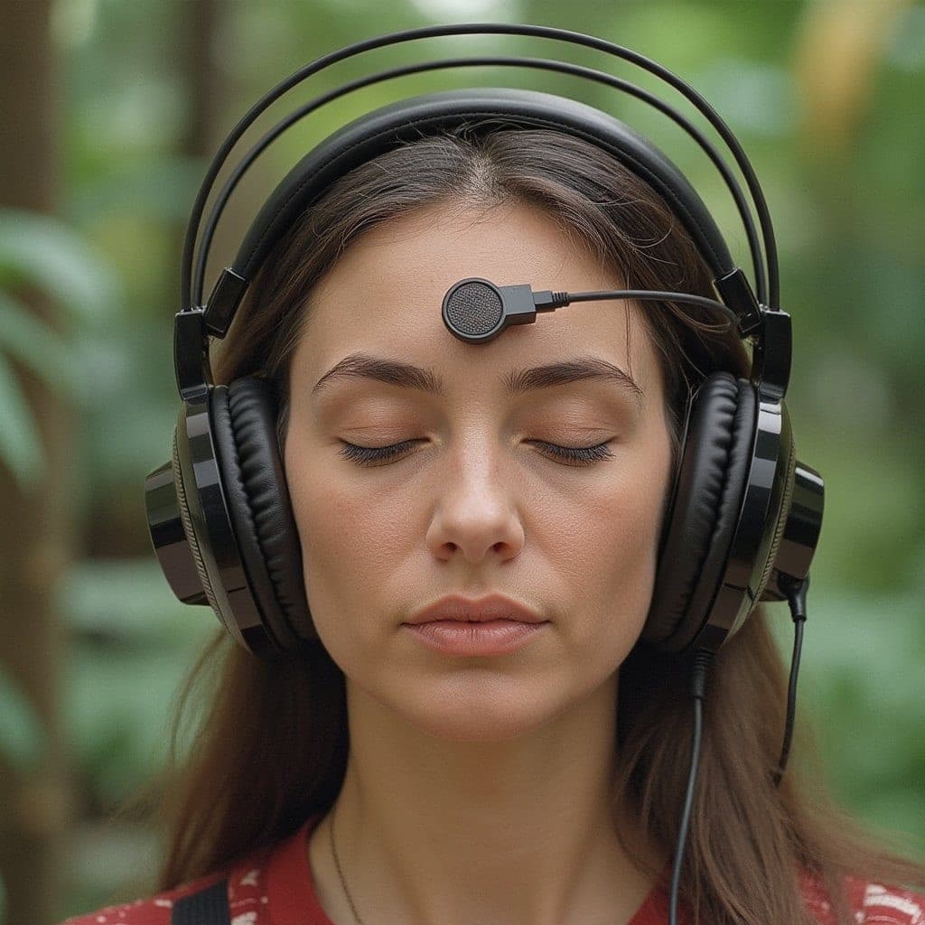 Resting with headphones and a Bio-Cor applicator at the brow