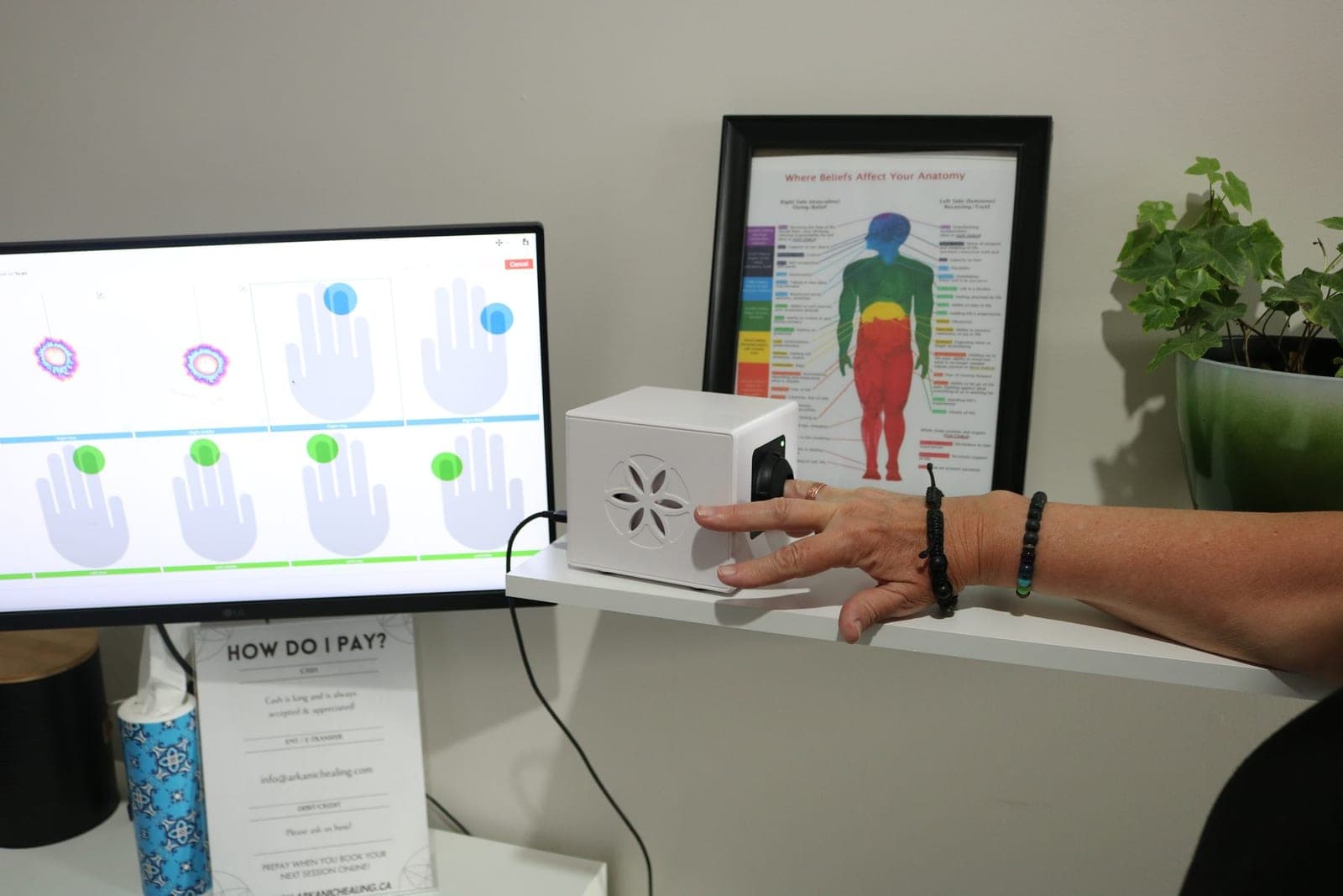 A hand resting on the Bio-Well scanner, fingertip readings on the screen