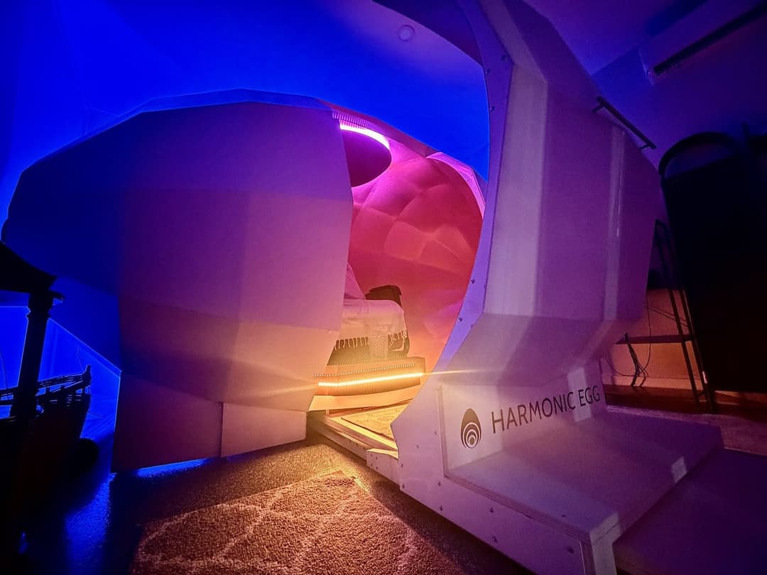 Noa, the Harmonic Egg at Arkanic, glowing violet and rose