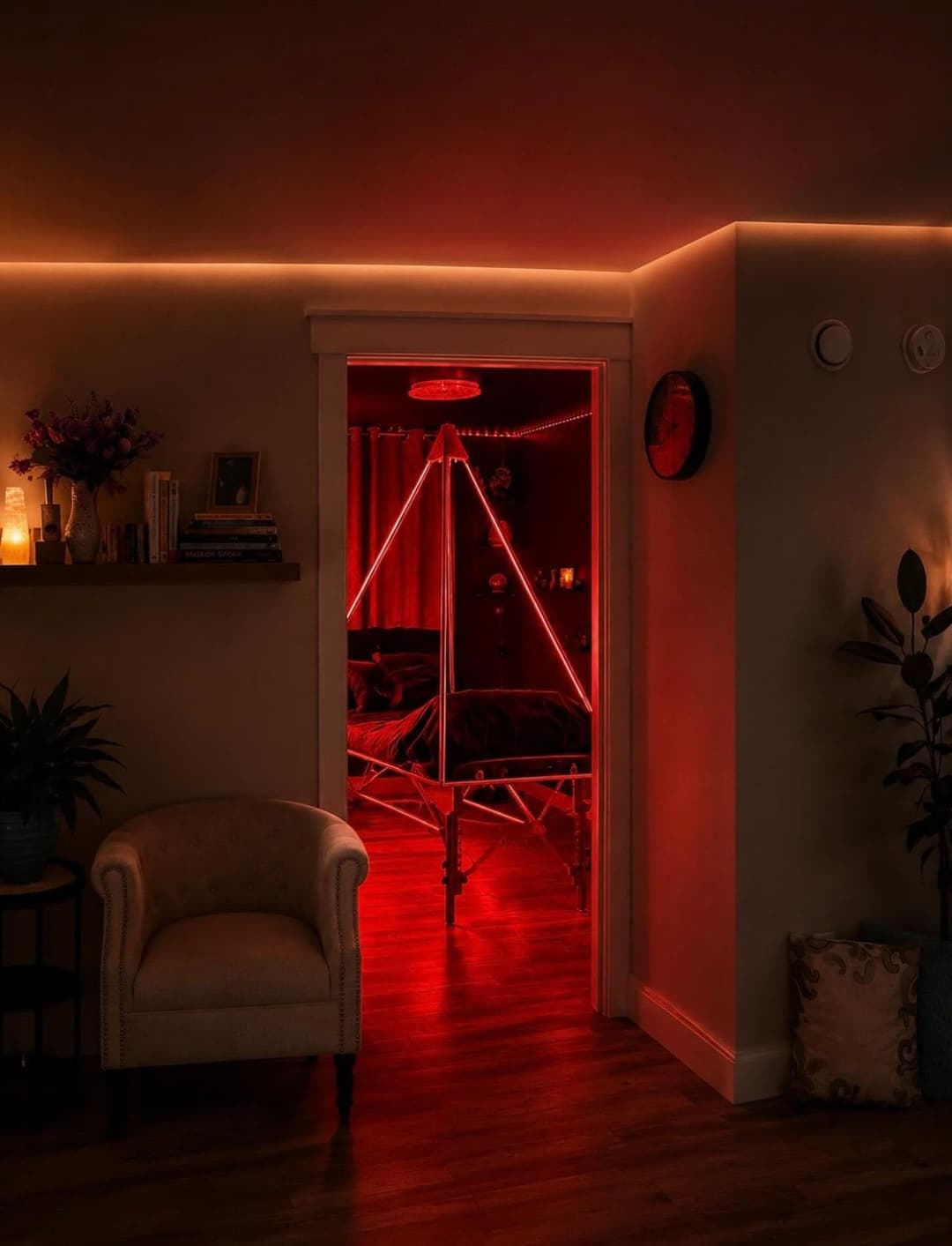 Looking into the Quantum Room, the copper pyramid lit red