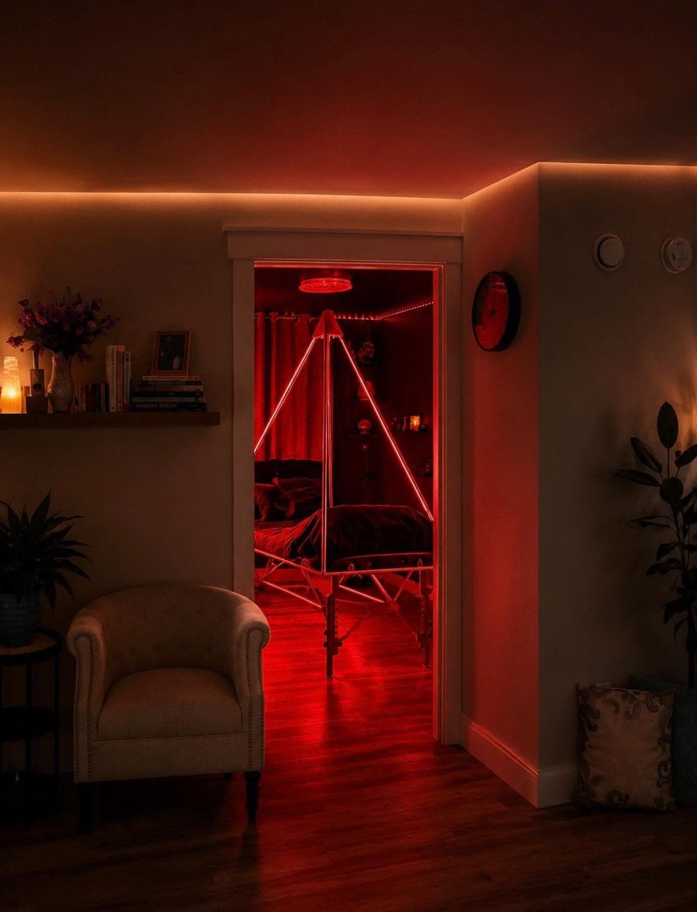 Looking into the Quantum Room, the copper pyramid lit red